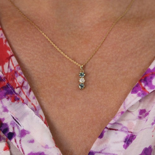 0.25 ctw Natural Blue & White Diamond Solid 14k Rose Gold 3 Flower Pendant - Picture 11 of 12