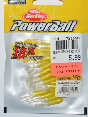 berkley powerbait atomic tubes trout crappie panfish 1.25'' yellow pearl silver f