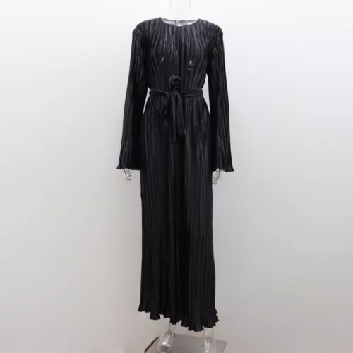 Damen Rundhals High Waist Gürtel Abendkleid Plissee Langarm Kleid Party - Bild 7 von 31