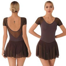 Women Short Sleeve Backless Skirted Leotard Dress for Dance Training Gymnastics