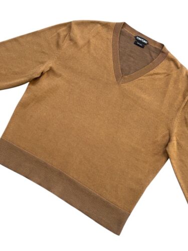 Maglione maglione uomo Tom Ford maglia fine leggero scollo a V costine seta marrone 52 L - Foto 5 di 19