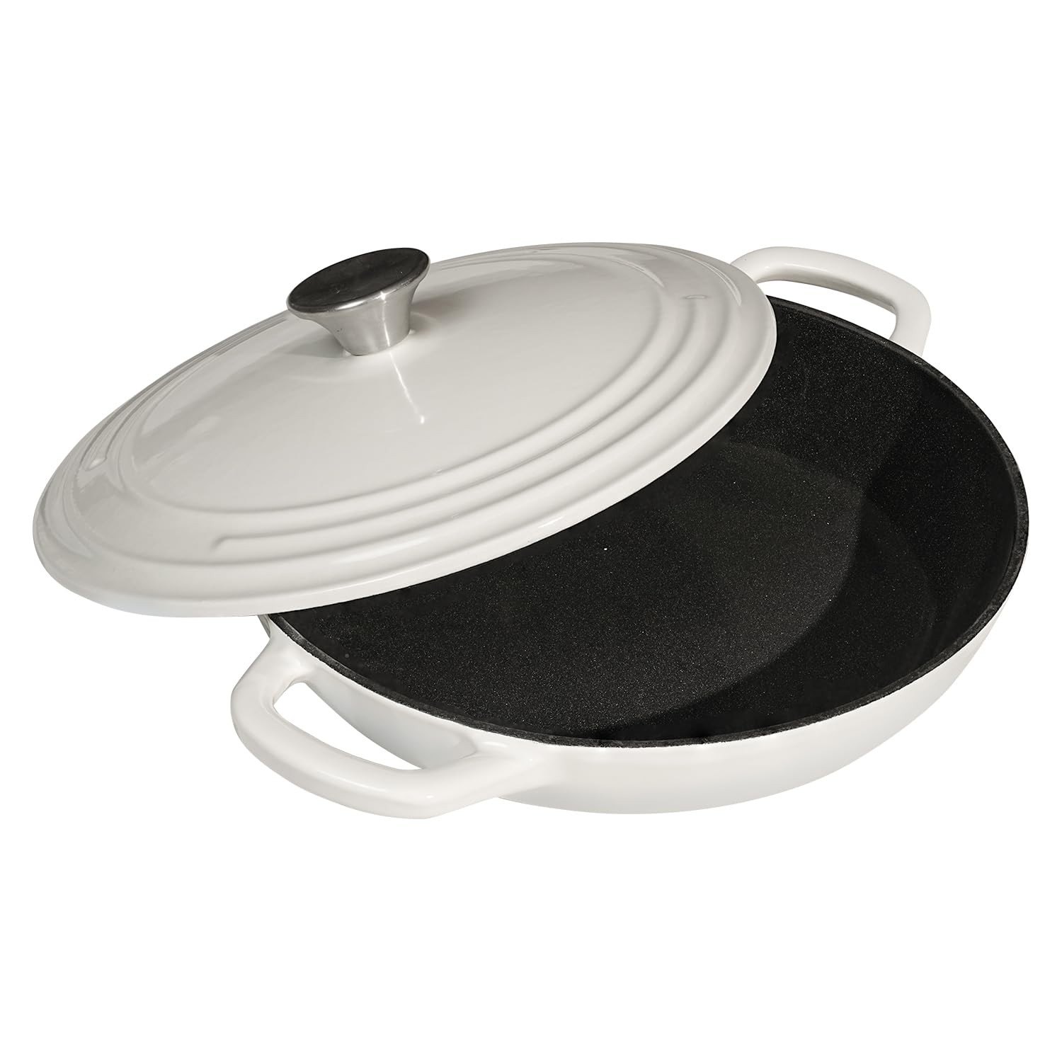 Braiser Enameled Cast Iron 2.25 qt Pan with Lid White Shallow Casserole Handels