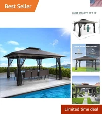 11x13ft Hardtop Gazebo Outdoor Aluminum Alloy Frame, Net and Curtain Gary