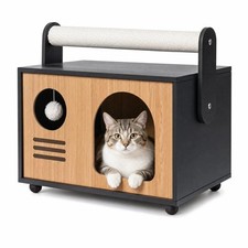 Wooden Cat House with Top Scratching Post for Indoor Cats