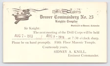 1913 Denver Commandery Knights Templar Drill Corps Postcard CO Masonic Milliken
