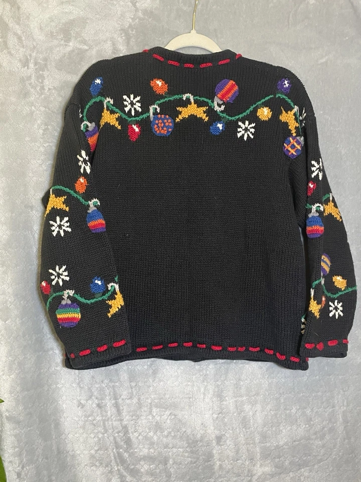 Northern Isles Hand Knit Christmas Cardigan Sweater Black Ornaments Women’s M - Image 3 of 4