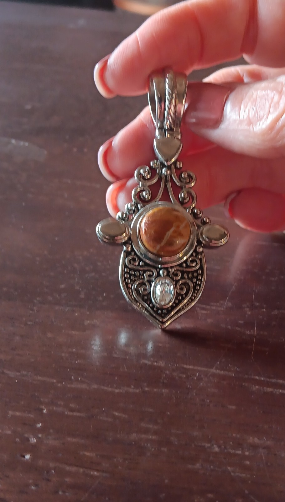 Silvertone brown stone statement pendant - image 1