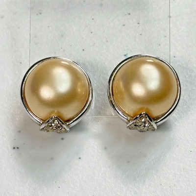 Vintage Ciner Clip-On Earrings Large Faux Pearl Dome Rhinestone Gold Signed MCM