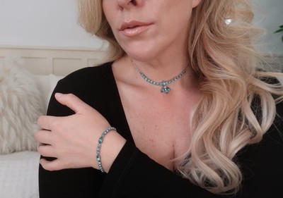 Vintage Kramer Demi-Parure Aqua Blue Crystal Choker Tennis Bracelet Pop of Color