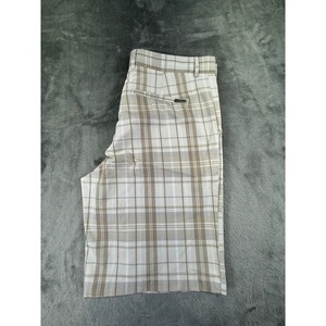 Greg Norman Tasso Elba Mens Tan White Plaid Golf Shorts Size 33 Stretch WPL8046