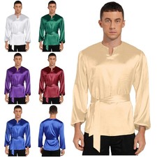 Men Tops Blouses Shirt Ballet Pullover Adjusted Lace Solid Color Long Sleeve