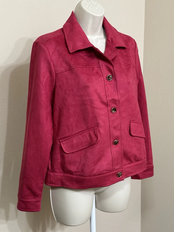 Chicos Women’s Pink Long Sleeve Button Up Collared Faux Suede Short Jacket 4-6 - Image 4 of 4