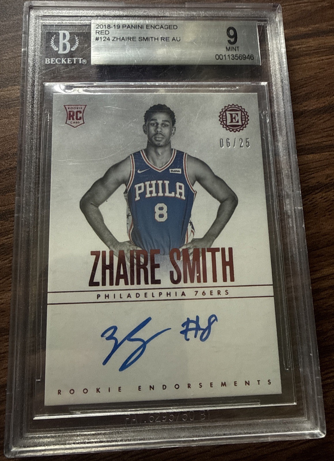 Sixers Encased Rookie Endorsement /25 Red 2018-19 Zhaire Smith Grade 9 READ NOTE