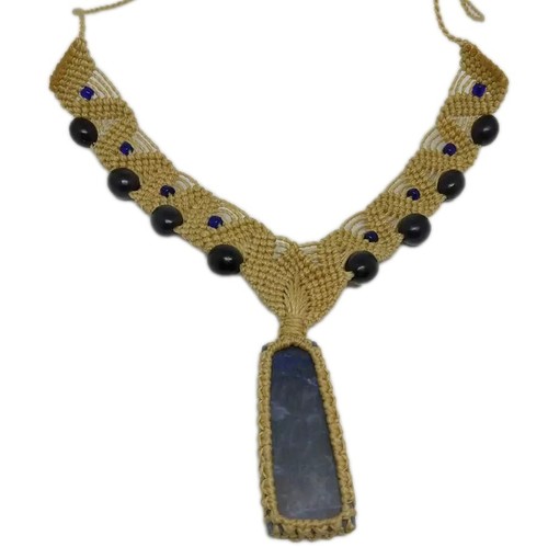 Blue Macrame Necklace Kyanite Cabochon Stone Beaded Woven Tie Closure - Picture 3 of 3