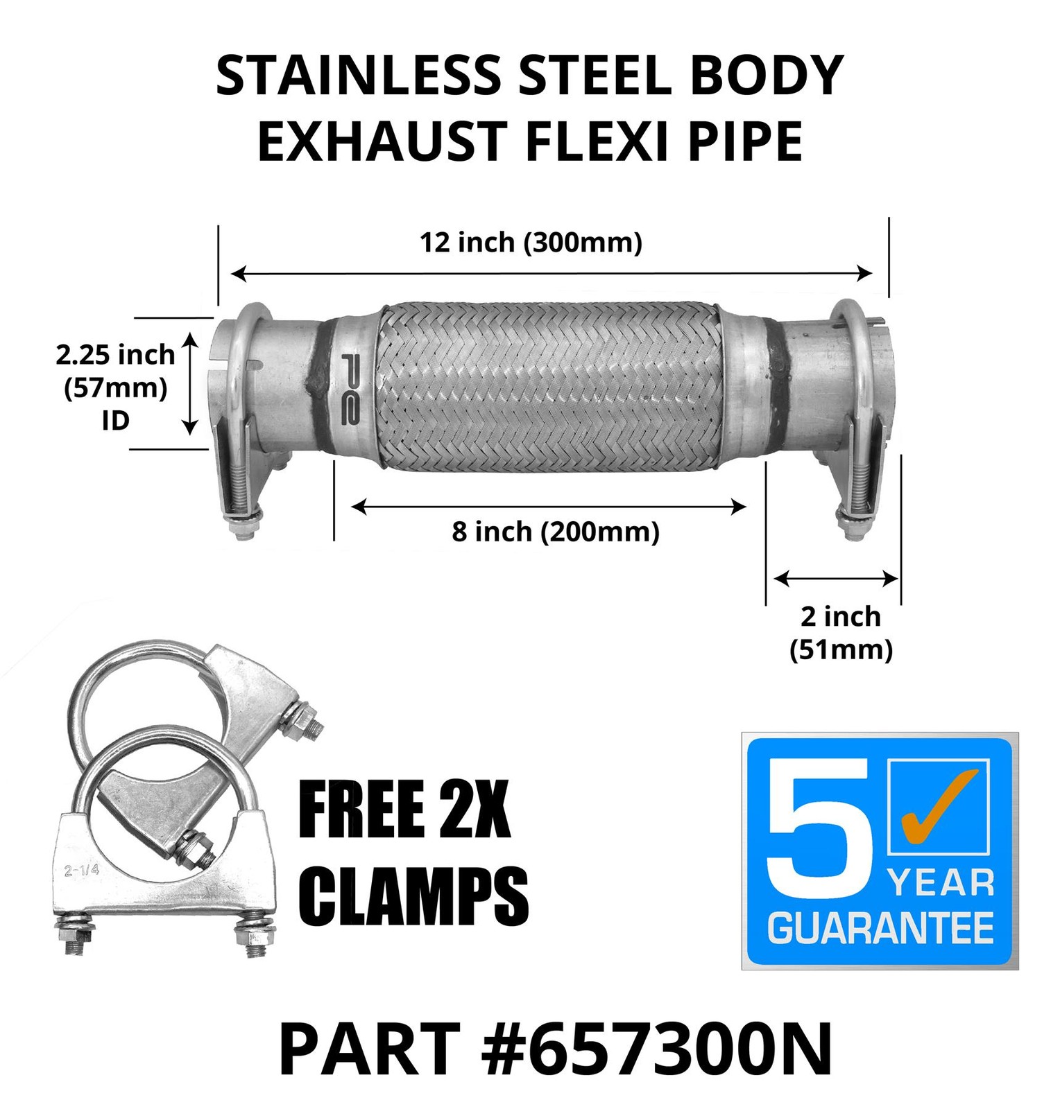 Exhaust Repair Flexi Pipe 57mm x 300mm Long Flex Tube Clamp On Fix Kit 2.25""