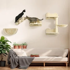 PawHut Cat Wall Shelves 4Pcs Wall Furniture Climbing Shelf With Hammock 3 Steps 