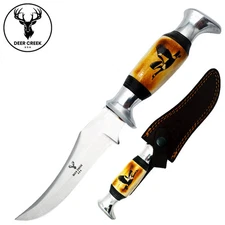 DC 015 10" Deer Creek Goose Design Bovine Bone Handle Hunting Knife with Leather