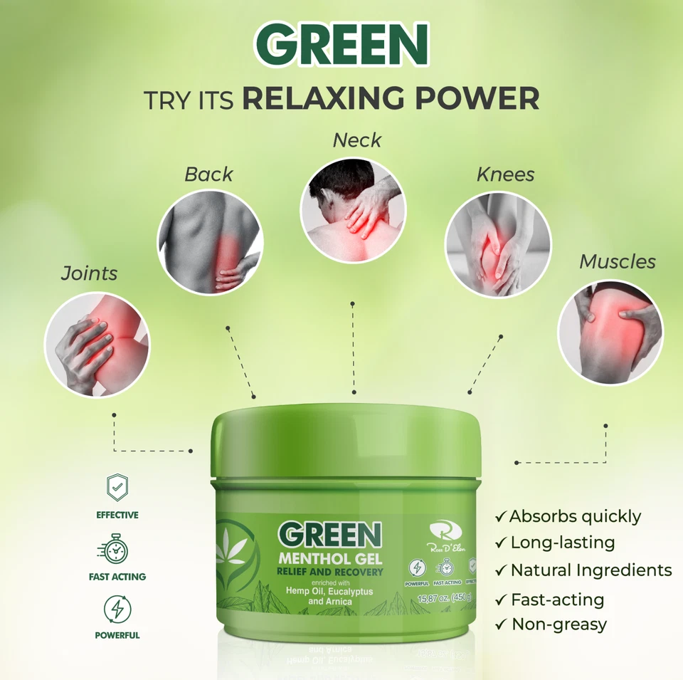 (2x) Gel mentol grande verde alivio y recuperación del dolor eucalipto árnica Foto 3 de 4