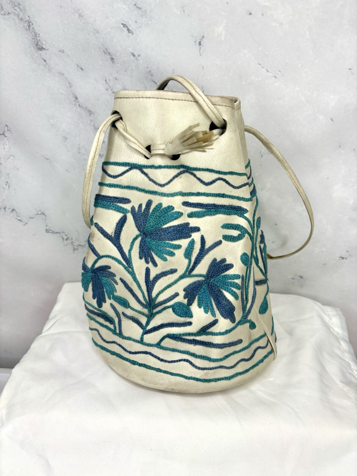 Vintage MCM Leather Bucket Handbag Pouch Embroidered Flower S White Drawstring