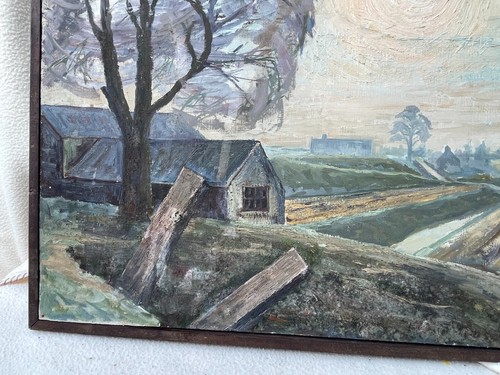 VINTAGE FRAMED PAINTING OIL OF A FARM SUN SETTING BARNS FIELD - 第 3/10 張圖片