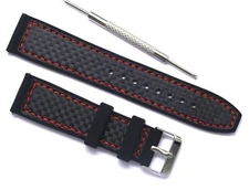 22mm Black Carbon Fiber Silicone Rubber Red Stitching Men Watch Band W/ Tool
