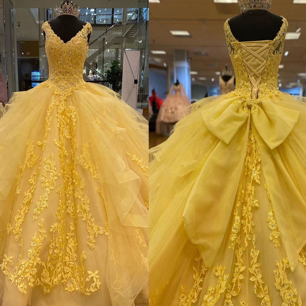 Yellow Quinceanera Dresses With Bow Pageant Princess Sweet 15 16 Prom
