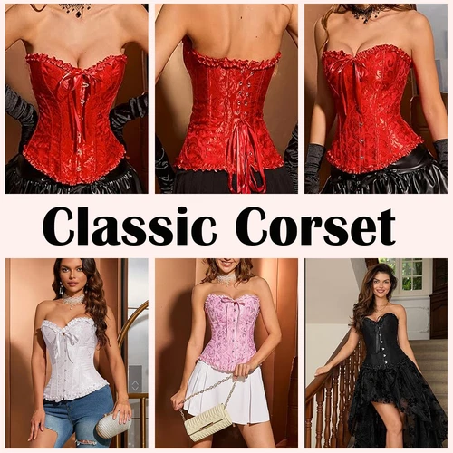 Women Black Overbust Boned Corset Burlesque Basque Top Lace-Up Costume Size 6-24 - Picture 3 of 37