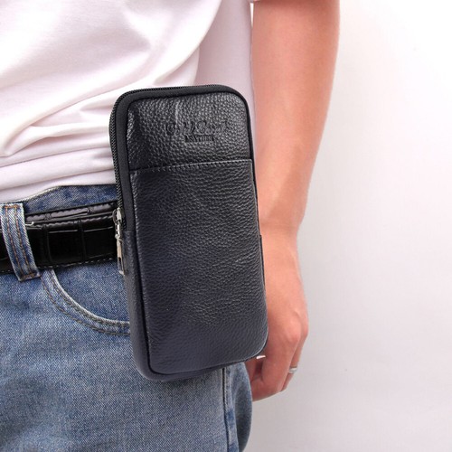 Hombres Vintage Color Puro Piel de Vaca Pequeños Paquetes Cintura Cartera Bolso Teléfono (Negro) - Imagen 2 de 9