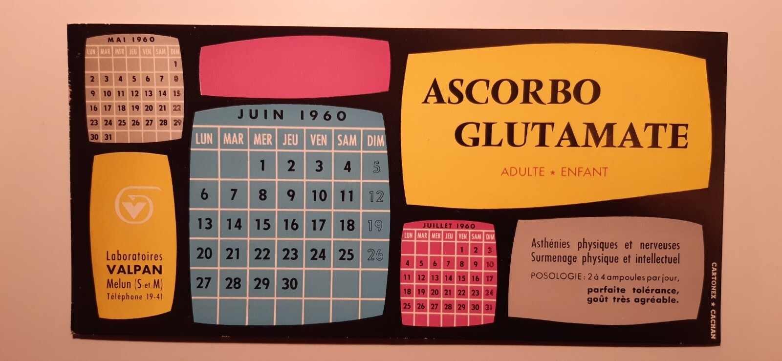 Buvard Pharmacie ASCORBO GLUTAMATE MOIS de MAI ET JUIN 1960 Laboratoires VALPAN
