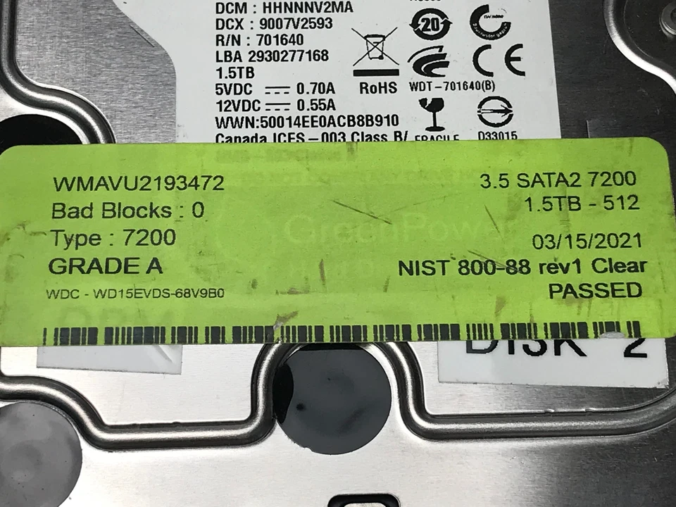 Western Digital WD15EVDS 1.5 TB 1500GB 3.5" SATA Hard Drive HDD Tested/Working - Image 2 of 3