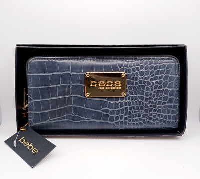 BEBE Natalie Croco Crocodile Stamped Faux Leather Grey Wallet With Box NWT 