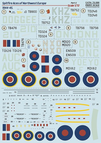 Print Scale 72-386 - 1/72 Spitfire Aces of Northwest Europe 1944-45 Part 2 decal - Picture 2 of 12