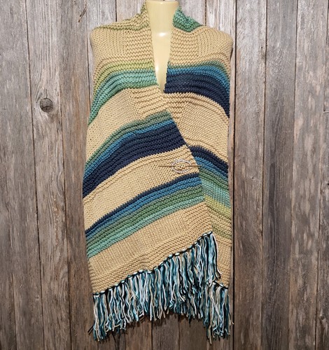 NEW Beige Green Blue Shawl Scarf Wrap Boho Fringed Handmade Hand Knit Coverup