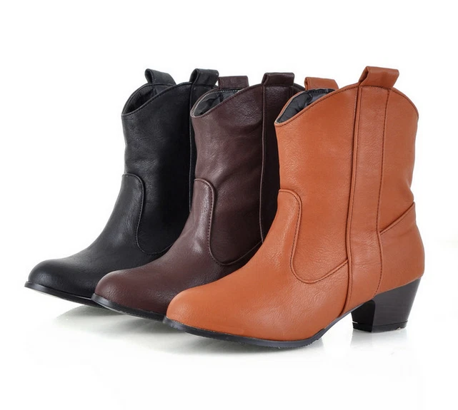 Women Ankle Short Leather Booties Block Heels Shoes Cowboy Brown