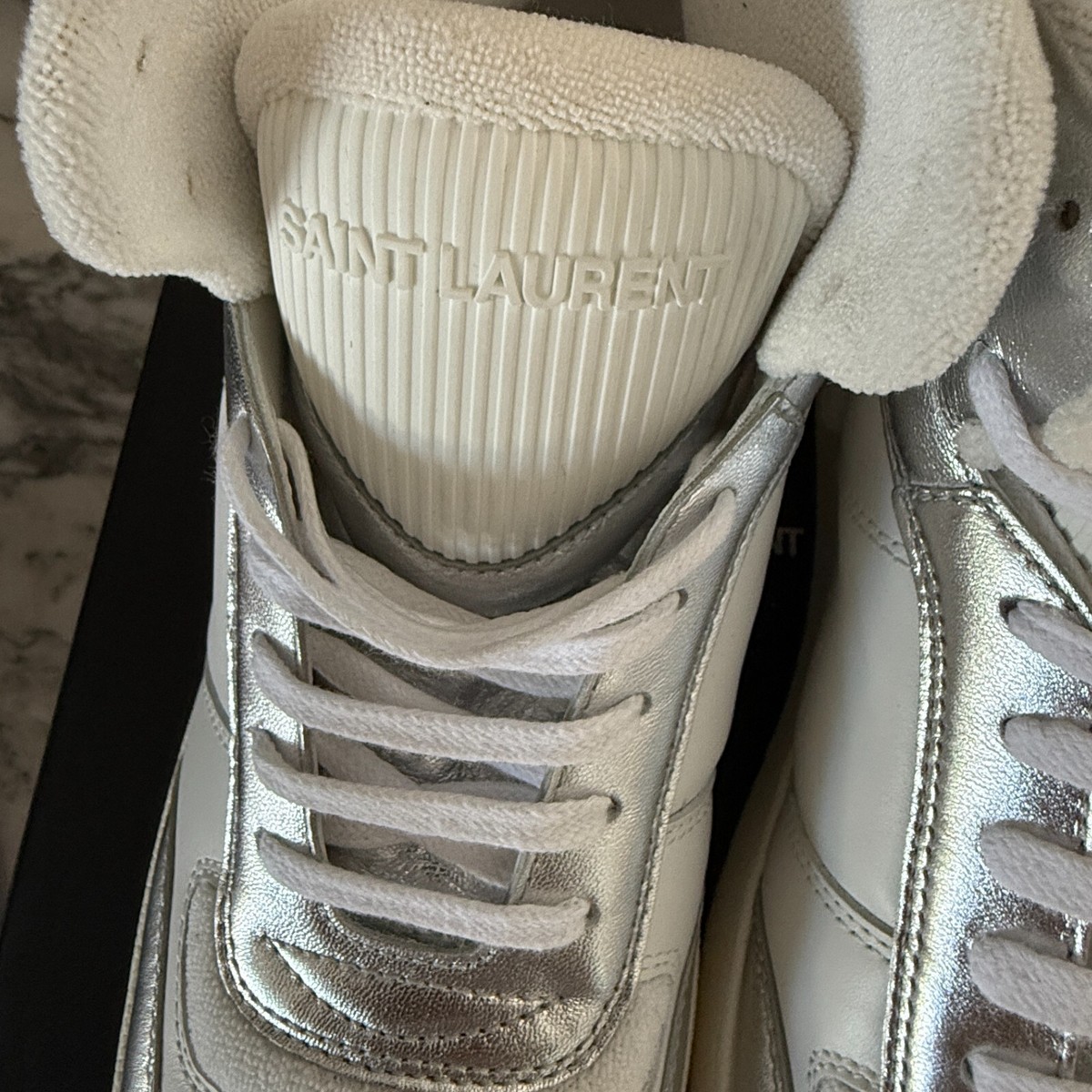 YSL Saint Laurent 711250 White & Metallic Silver Men's High YSL Saint Laurent 711250 White & Metallic Silver Men's High
