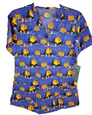 Purple Halloween Cats Bats Campfire GT Scrub Top Small New