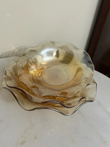 Vintage 3pcs Glass Ruffled IridescentBowlsCarnival Depression Marigold (see desc