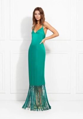 Rachel Zoe Chantelle Fringe Maxi Gown Emerald Vogue Dress! Super