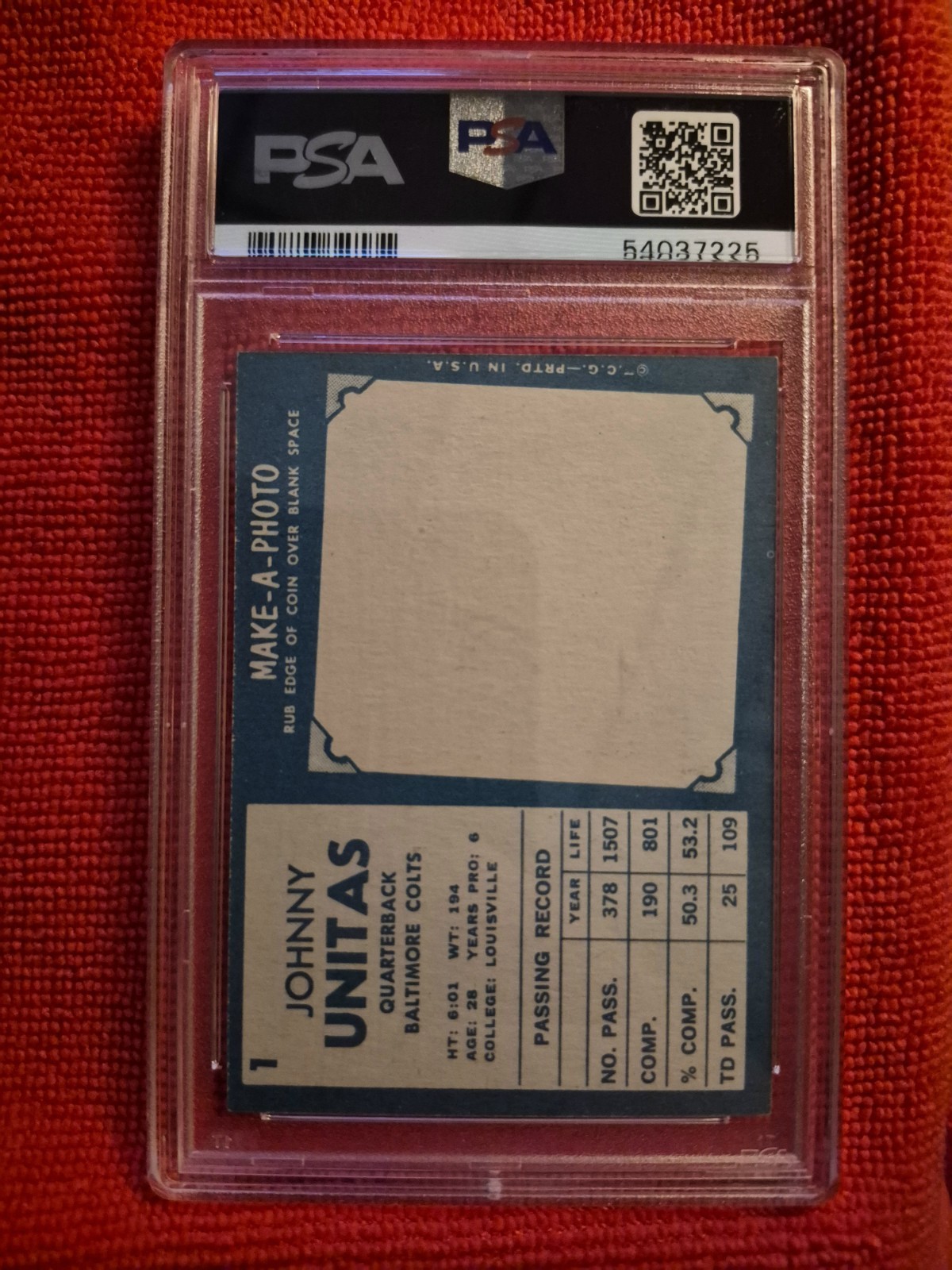 Topps 1961 Johnny Unitas #1 Baltimore Colts Football Card PSA 7 Graded view 2
