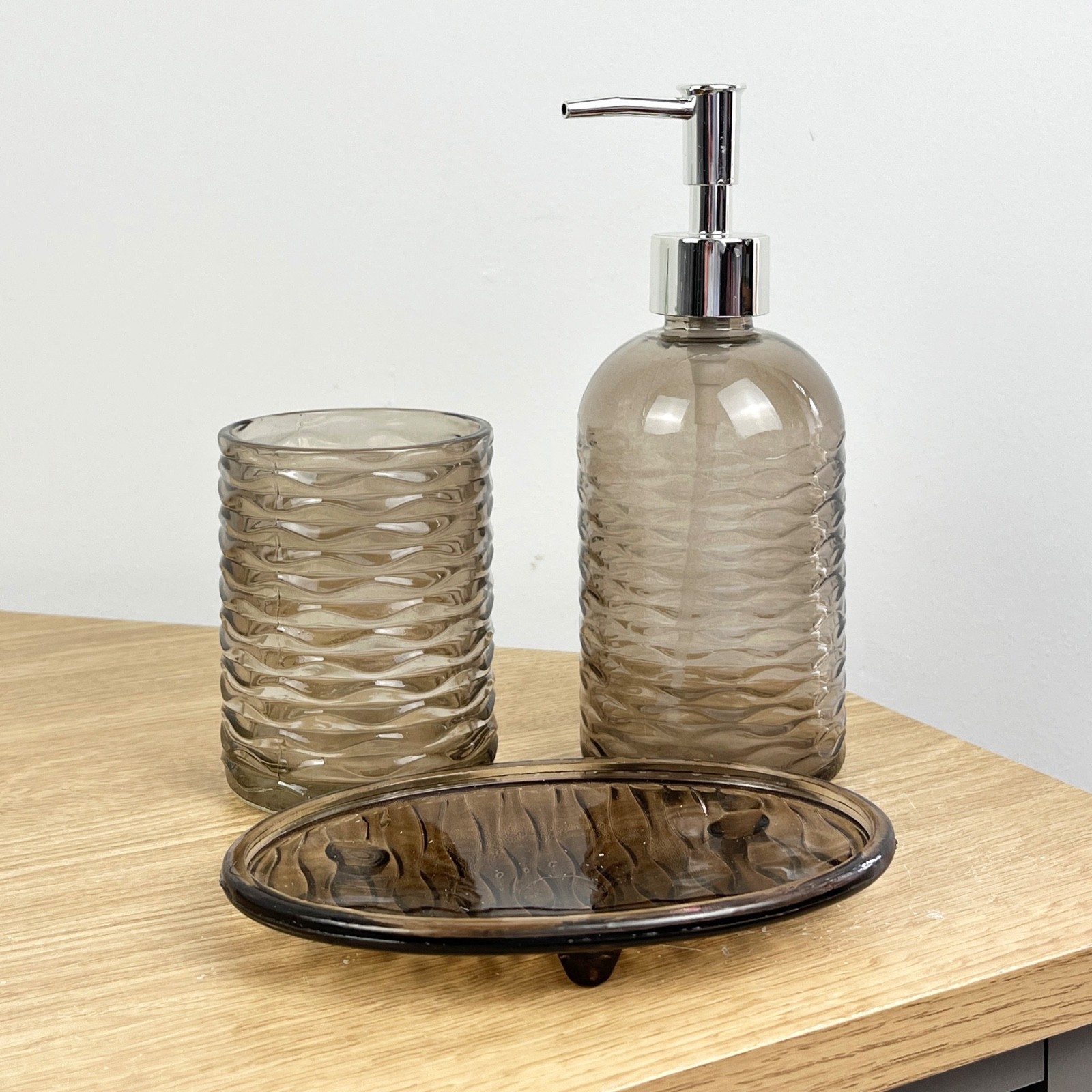 Glass Bathroom Sink Accessory Set Lotion Dispenser Soap Dish Toothbrush Holder