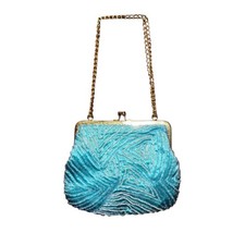 Vintage Aqua Beaded Evening Purse w/ Gold Chain Frame Retro Party Clutch Bag