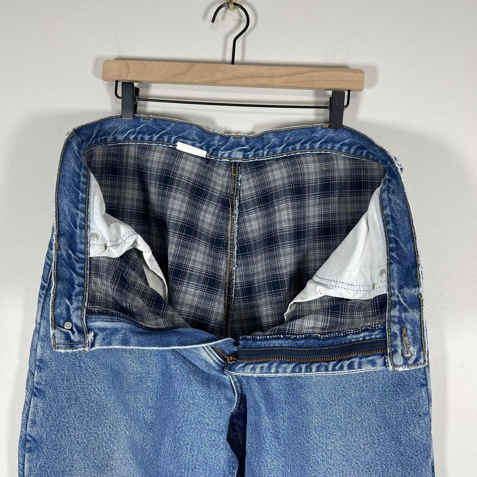 Carhartt Flannel Lined Jeans Mens 38 Rigid Denim Worn Work Wear Lightly Thrashed thumbnail 11