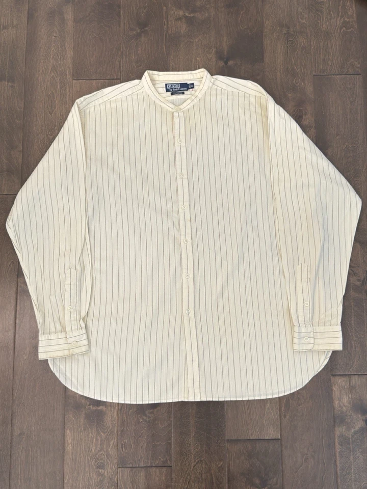 Camisa polo masculina vintage Ralph Lauren Bernard tamanho XL listrada marfim colarinho com faixas - Imagem 2 de 4