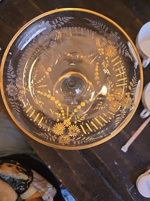Antique Bohemian Moser Style Etched Glass Compote with Gold Gilding   8 In Tall