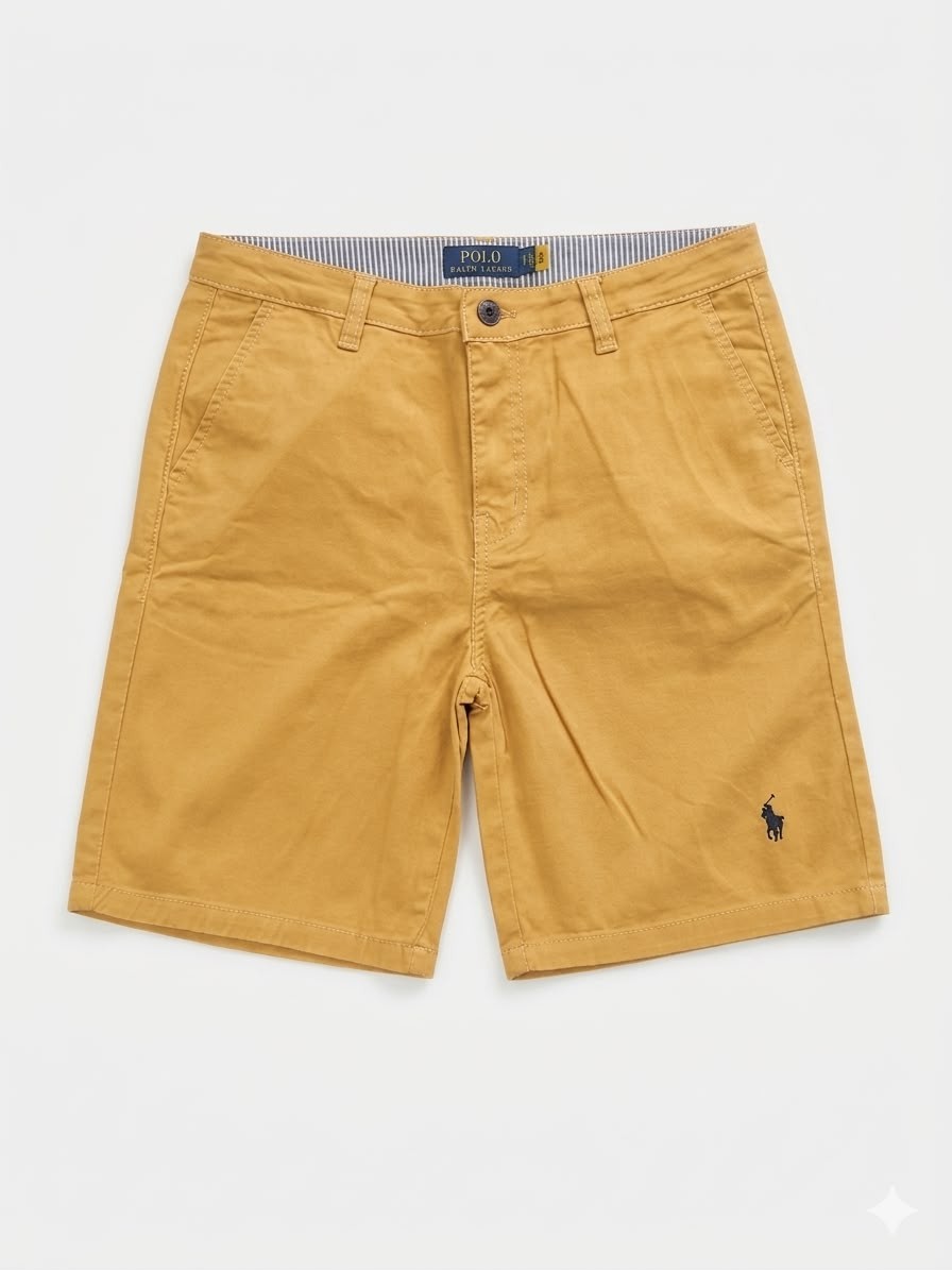 Polo de verano de algodón para hombre marrón/bronceado chino pantalones cortos elásticos frente plano