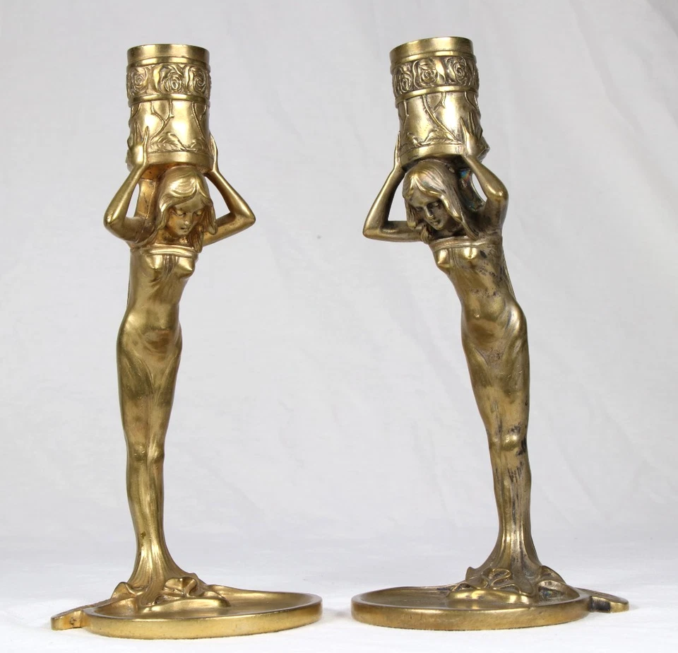 2x Figürlicher Jugendstil Kerzenleuchter um 1920 wohl Francis RENAUD art nouveau - Bild 2 von 4