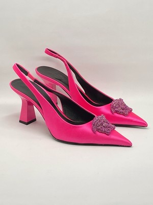 Versace La Medusa Embellished Silk Blend Slingback Pump size 37.5