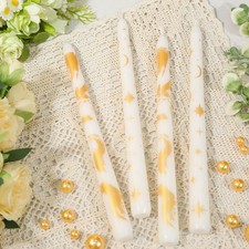 Set of 2 10 Inch Taper Candles Featuring a Golden Pattern, Unscented with Star