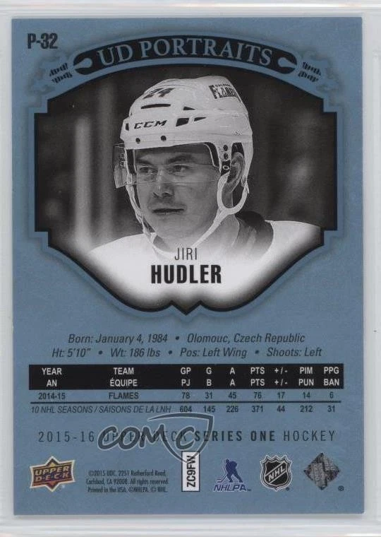 2015-16 Upper Deck UD Portraits Platinum Blue Foil /5 Jiri Hudler #P-32 - Image 2 of 2