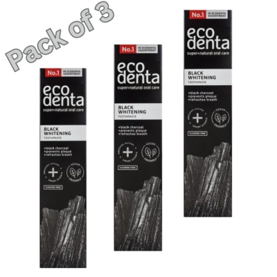 3x EcoDenta Charcoal Toothpaste, Whitening Toothpaste I Fluoride Free, 100ml.